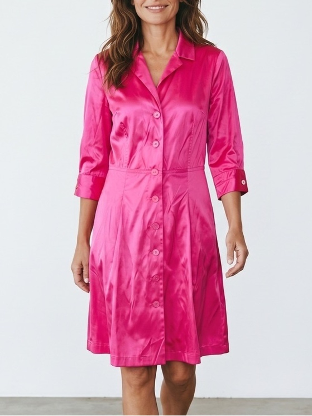RODIKA Vibrant Pink 100% Silk Collared Fit and Flare Dress